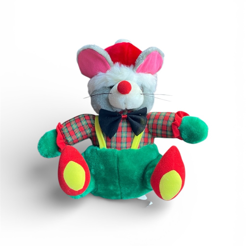 Plaid Santa Claus Elf Mouse Plush Toy Christmas Plaid Green Overalls Festive Bow